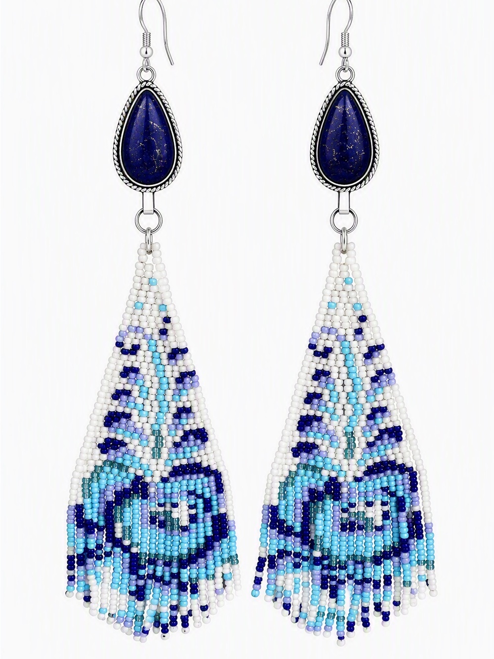 Sterling Silver Lapis Lazuli Seed Bead Fringe Earrings | Handmade Boho Statement